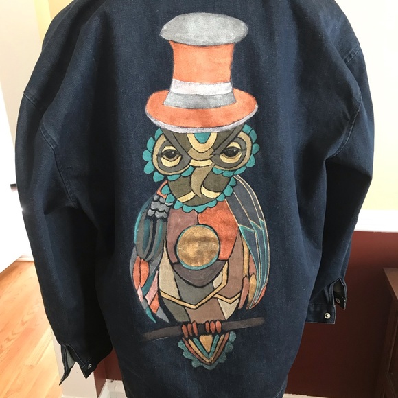 Jean Jacket Hand Painted Steampunk Owl - Picture 5 of 7